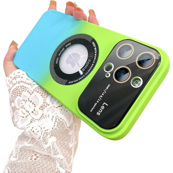 for iPhone 14 Pro Max Case Magnetic Gradient Case with Camera Lens Protector for iPhone 14 Pro Max Compatible with Magsafe Slim Full Body Protective Cover for Women Men-Green/Blue