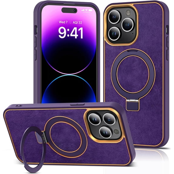 for iPhone 14 Pro Max Case with Magnetic Invisible Ring Stand Compatible with Mag-Safe Leather Business Shockproof Military Drop Protection Classic Luxury Phone Cases for Women Men,Purple