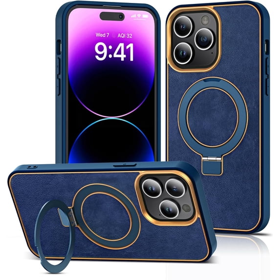for iPhone 14 Pro Max Case with Magnetic Invisible Ring Stand Compatible with Mag-Safe Leather Business Shockproof Military Grade Protection Classic Luxury Phone Cases for Women Men,Blue