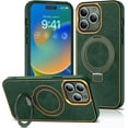 thumbnail image 1 of for iPhone 14 Pro Max Case with Magnetic Invisible Ring Stand Compatible with Mag-Safe Leather Business Shockproof Military Grade Protection Classic Luxury Phone Cases for Women Men,Green, 1 of 14