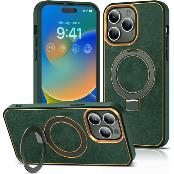 for iPhone 14 Pro Max Case with Magnetic Invisible Ring Stand Compatible with Mag-Safe Leather Business Shockproof Military Grade Protection Classic Luxury Phone Cases for Women Men,Green