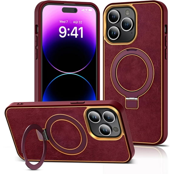 for iPhone 14 Pro Max Case with Magnetic Invisible Ring Stand Compatible with Mag-Safe Leather Business Shockproof Military Grade Protection Classic Luxury Slim Phone Cases for Women Men,Red