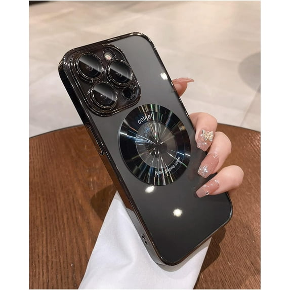 for iPhone 14 Pro Max Case Magnetic Luxury Plating Clear Case with Camera Lens Protector for iPhone 14 Pro Max Compatible with Magsafe Slim Cover for Women Men-Black