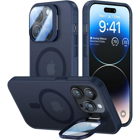 for iPhone 14 Pro Max Case with Metal Camera Stand [Built-in 9H Camera Lens Protector][Compatible with Magsafe] Military Grade Shockproof Translucent Matte Magnetic Phone Case 6.7", Blue
