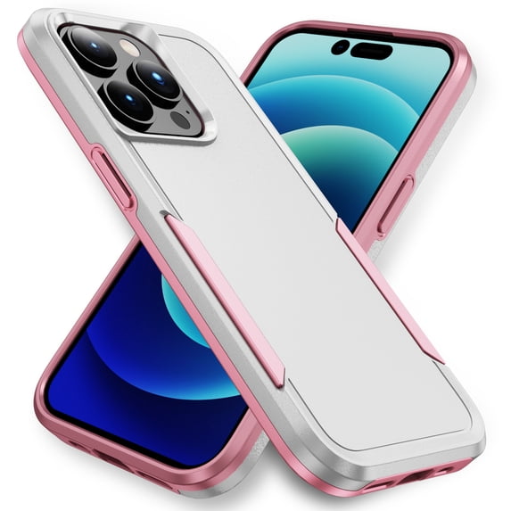 for iPhone 14 Pro Max Case, Phone Case Heavy Duty 2 in 1 Full Body Rugged Shockproof Hybrid Hard PC Soft TPU Bumper Drop Protective Girls Women Boy Men Covers for iPhone 14 Pro Max, White+Pink