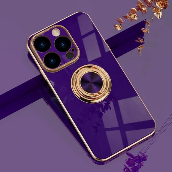 for iPhone 14 Pro Max Case with Ring Holder, 360 Rotatable Magnetic Kickstand Support Car Mount Slim Shockproof for Women Men Protective Phone Case for 14 Pro Max 6.7", Deep Purple/Gold