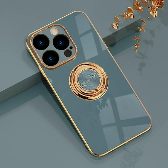 for iPhone 14 Pro Max Case with Ring Holder, 360 Rotatable Magnetic Kickstand Support Car Mount Slim Shockproof for Women Men Protective Phone Case for iPhone 14 Pro Max 6.7", Blue Gray/Gold
