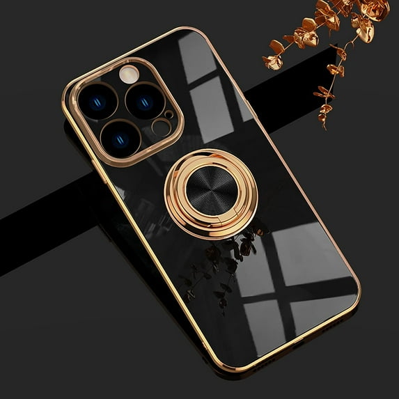for iPhone 14 Pro Max Case with Ring Holder, 360 Rotatable Magnetic Kickstand Support Car Mount Slim Shockproof for Women Men Protective Phone Case for iPhone 14 Pro Max 6.7", Black/Gold