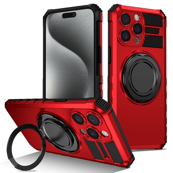 For iPhone 14 Pro Max Case with Ring Stand,2-Layer Full Body Heavy Duty Shockproof Rugged,360°Rotatable Ring Holder Magnetic Kickstand,Non-Slip Protective Phone Case for iPhone 14 Pro Max,Red