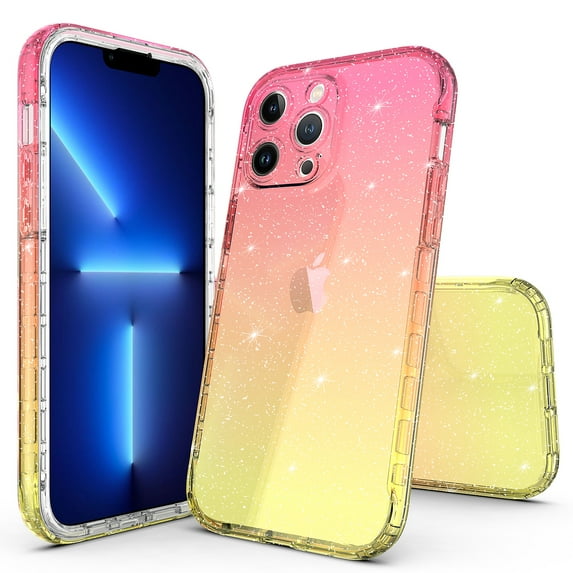 14 Pro Max Case, Rosebono Hybrid Glitter Sparkle Transparent Colorful Gradient Skin Cover Case For 14 Pro Max (Gold/Pink)