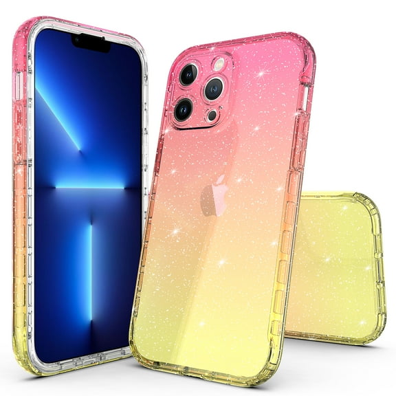 14 Pro Max Case, Rosebono Hybrid Glitter Sparkle Transparent Colorful Gradient Skin Cover Case For 14 Pro Max (Gold/Pink)