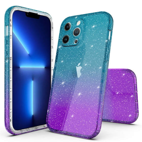 Rosebono Hybrid Glitter Sparkle Transparent Cell Phone Case for iPhone 14 Pro Max, Teal/Purple