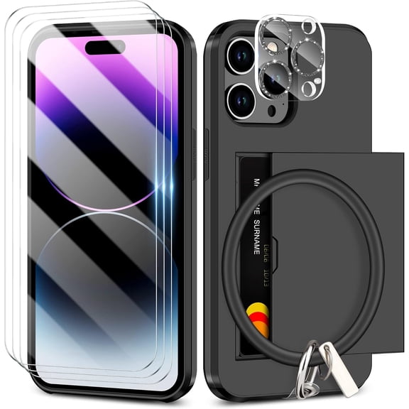 for iPhone 14 Pro Max Case with Screen Protector & Camera Cover & Lanyard 7-in-1 Full Body Hybrid iPhone 14 Pro Max Case Wallet Card Holder Shockproof Phone Case for iPhone 14 Pro Max - Black