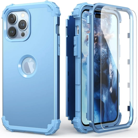 for iPhone 14 Pro Max Case with Screen Protector for Women, 3 in 1 Shockproof Slim Fit Hybrid Heavy Duty Hard PC Cover Soft Silicone Bumper Full Body Case for iPhone 14 Pro Max,Peace Blue