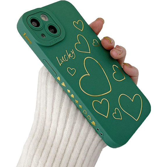 for iPhone 14 Pro Max Case, Side&Back Cute Plated Love Heart Case for Women Girls Gold Pattern Full Camera Lens Protection Slim Fit Soft TPU Shockproof Bumper Protective Phone Cover Case, Green