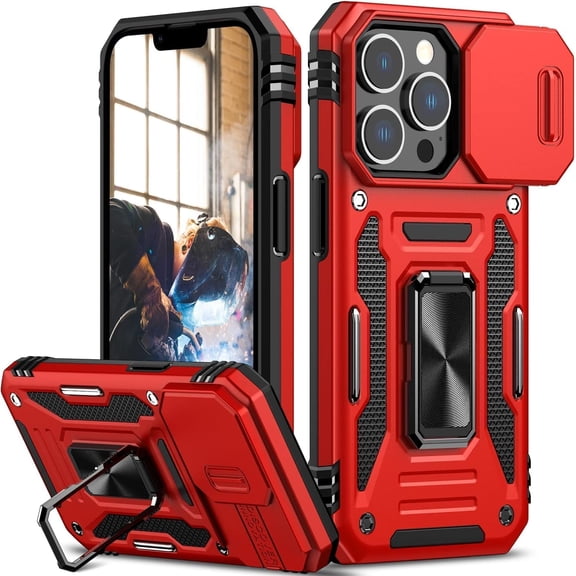 for iPhone 14 Pro Max Case with Slide Camera Cover,Built-in Magnetic Rotate Ring Stand Magnetic Military Grade Shockproof Protective Case for Women and Men-Red