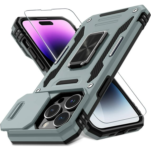 for iPhone 14 Pro Max Case with Slide Camera Cover+Screen Protector(1 Pack),Rotated Ring Kickstand Military Grade Shockproof Protective Cover 6.7 Inch-Grey