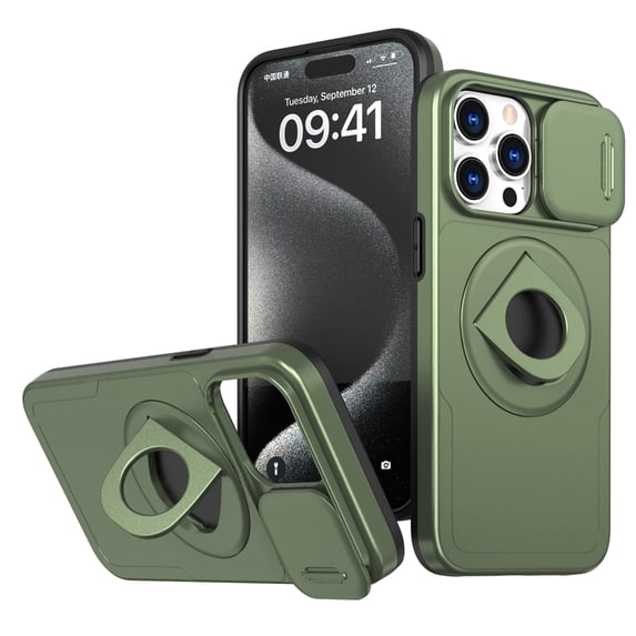 for iPhone 14 Pro Max Case with Sliding Camera Cover, Compatible with MagSafe Built-in 360° Rotatable Invisible Kickstand Military Grade Shockproof Protective Magnetic Phone Case, Olivegreen