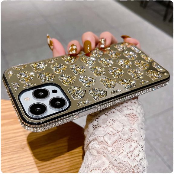 iPhone 14 Pro Max Case, Sparkle Glitter Shiny Diamond Mirror case, Luxury Bling Rhinestone Cute Heart Design,Hard PC + Soft TPU Protective Case Cover for Women Girls(Gold)