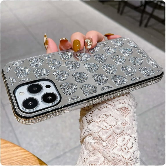 iPhone 14 Pro Max Case, Sparkle Glitter Shiny Diamond Mirror case, Luxury Bling Rhinestone Cute Heart Design,Hard PC + Soft TPU Protective Case Cover for Women Girls(Silver)
