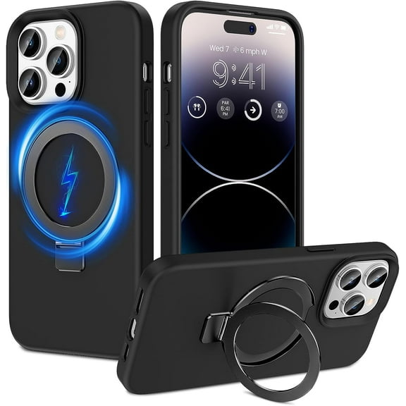 for iPhone 14 Pro Max Case with Stand, [Invisible Magnetic Kickstand] Soft Liquid Silicone Slim Shockproof Drop Protection Case with Microfiber Lining for iPhone 14 Pro Max - Black