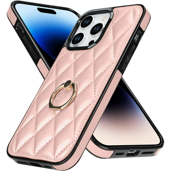 for iPhone 14 Pro Max Case Stand, Kickstand Mental Ring Elegant Luxury Leather for iPhone 14 Pro Max Case, Full Body Protection iPhone 14 Pro Max Case for Girls Women -Pink