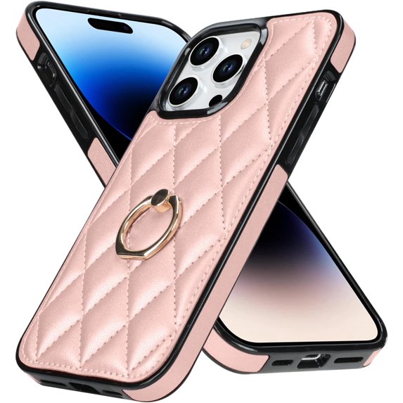 for iPhone 14 Pro Max Case Stand, Kickstand Mental Ring Elegant Luxury Leather for iPhone 14 Pro Max Case, Full Body Protection iPhone 14 Pro Max Case for Girls Women -Pink