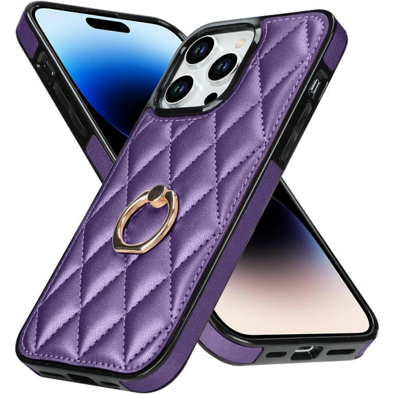 for iPhone 14 Pro Max Case Stand, Kickstand Mental Ring Elegant Luxury Leather for iPhone 14 Pro Max Case, Full Body Protection iPhone 14 Pro Max Case for Girls Women -Purple
