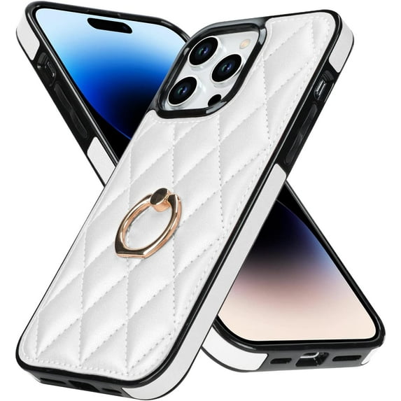 for iPhone 14 Pro Max Case Stand, Kickstand Mental Ring Elegant Luxury Leather for iPhone 14 Pro Max Case, Full Body Protection iPhone 14 Pro Max Case for Girls Women -White