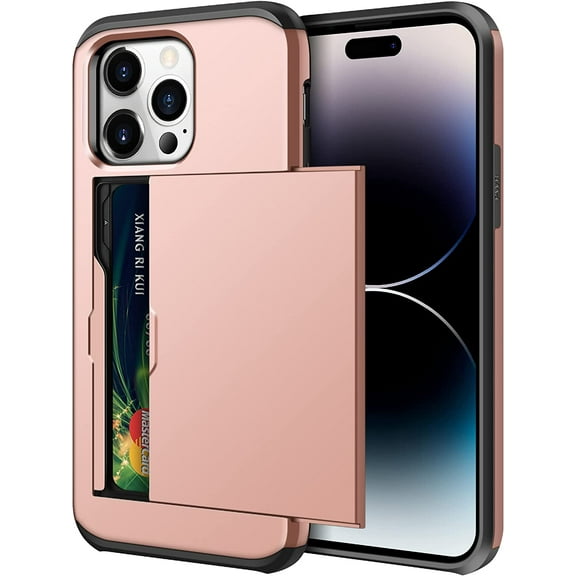 for iPhone 14 Pro Max Case Wallet Card Holder Hidden Pocket Sliding Door Heavy Duty Dual Layer Hard PC Soft Rubber Bumper Protective Cover Case for iPhone 14 Pro Max 6.7" Rose Gold