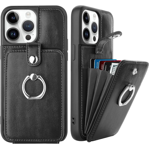 for iPhone 14 Pro Max Case Wallet, Card Holder Kickstand Mental Ring Leather for iPhone 14 Pro Max Case + Screen Protector, Card Slot iPhone 14 Pro Max Case for Girls Women -Black