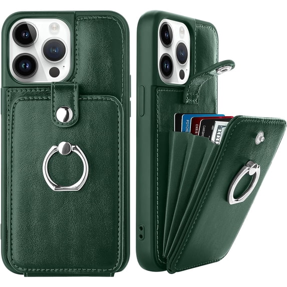 for iPhone 14 Pro Max Case Wallet, Card Holder Kickstand Mental Ring Leather for iPhone 14 Pro Max Case + Screen Protector, Card Slot iPhone 14 Pro Max Case for Girls Women -Green