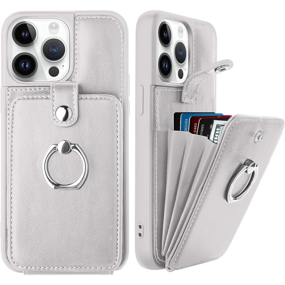 for iPhone 14 Pro Max Case Wallet, Card Holder Kickstand Mental Ring Leather for iPhone 14 Pro Max Case + Screen Protector, Card Slot iPhone 14 Pro Max Case for Girls Women -White