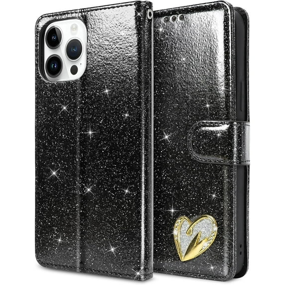 for iPhone 14 Pro Max Case Wallet, Card Holder Leather Luxury Cute Pattern Love Heart + Screen Protector, Card Slot iPhone 14 Pro Max Case, Shockproof Protection for Gilrs Women -Black