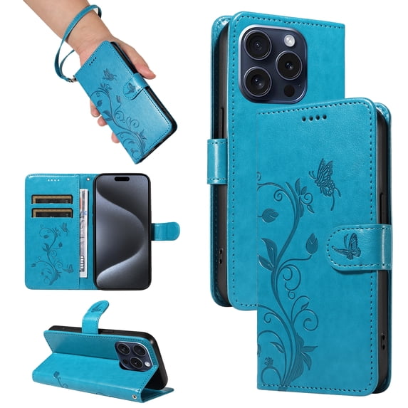 iPhone 14 Pro Max Case Wallet with Cards Holder,Allytech Stylish Butterfly Embossed Shockproof Protective Flip Stand Cover for Girls Women Hand Wrist Wallet Case for Apple iPhone 14 Pro Max - Blue