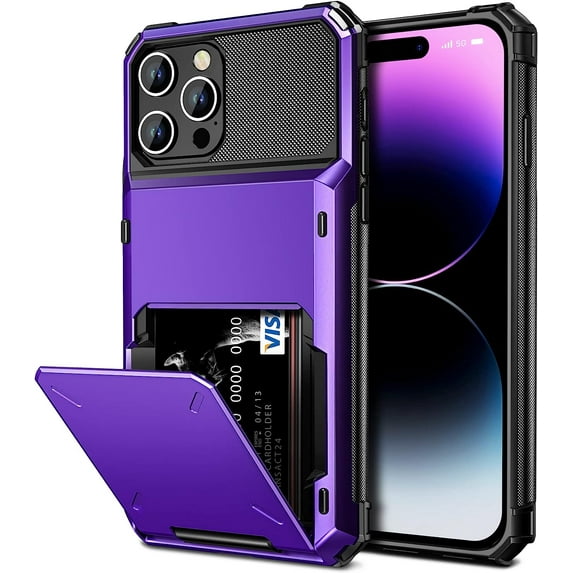 for iPhone 14 Pro Max Case Wallet Cover 4-Card Credit Card Holder ID Slot Scratch Resistant Dual Layer Hybrid Protective Hard Shell Rugged TPU Bumper Armor Case 6.7 inch Purple