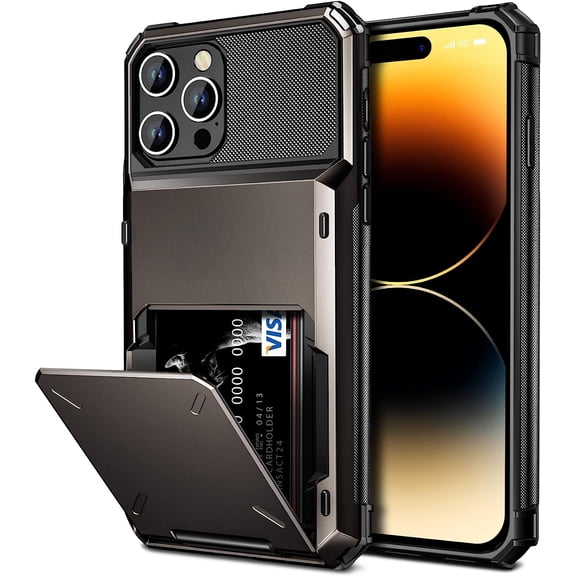 For iPhone 14 Pro Max Case Wallet Cover 4-Card Credit Card Holder ID Slot Scratch Resistant Dual Layer Hybrid Protective Hard Shell Rugged TPU Bumper Armor Case 6.7 inch Gun