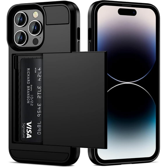 for iPhone 14 Pro Max Case Wallet Credit Card Holder ID Slot Sliding Door Hidden Pocket Men Anti-Scratch Dual Layer Hybrid Bumper Armor Protective Shell Back Cover for 6.7 inch Black
