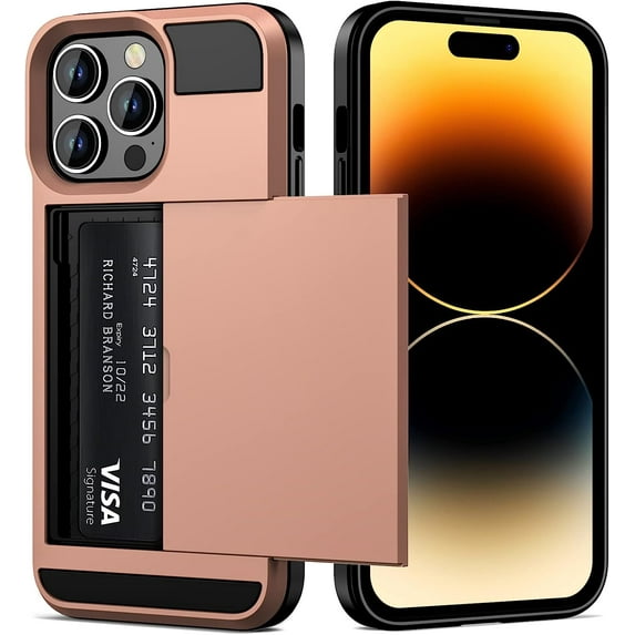 for iPhone 14 Pro Max Case Wallet Credit Card Holder ID Slot Sliding Door Hidden Pocket Women Anti-Scratch Dual Layer Hybrid Bumper Armor Protective Shell Cover 6.7 inch Rose Gold