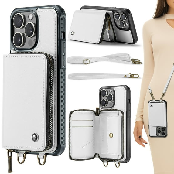 for iPhone 14 Pro Max Case Wallet, Crossbody Zipper Purse Handbag with RFID Blocking Card Slots Kickstand, Detachable Shoulder Lanyard Flip Style PU Leather Shockproof Case,White