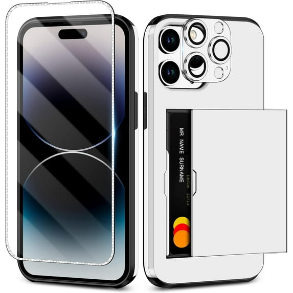 for iPhone 14 Pro Max Case Wallet with Screen Protector & Camera Cover 4-in-1 Full Body Hybrid iPhone 14 Pro Max Case with Card Holder Shockproof Protective Case for iPhone 14 Pro Max White