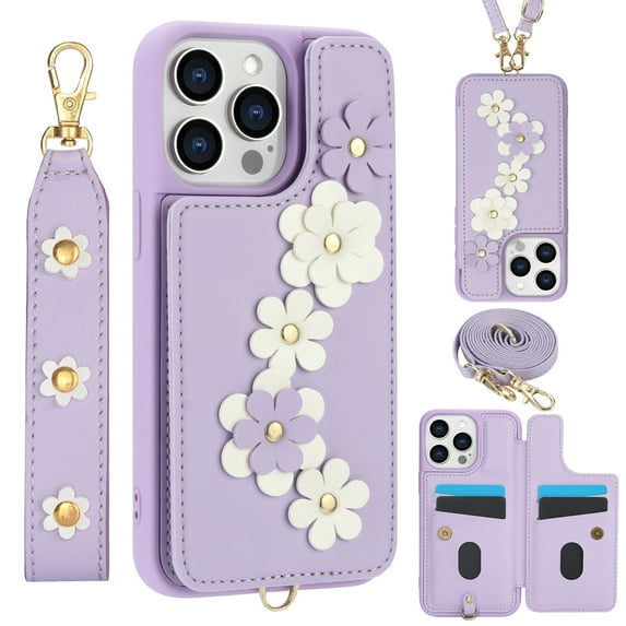 for iPhone 14 Pro Max Case Wallet,Women Flip Kickstand Folio Cover RFID Blocking Credit Card Slots Flower Patterned PU Leather Crossbody & Wrist Strap Purse For iPhone 14 Pro Max,Purple