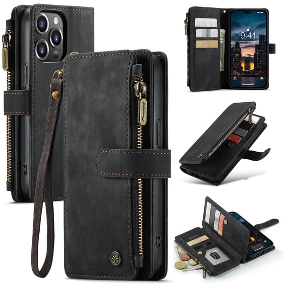 for iPhone 14 Pro Max Case Wallet for Women and Men, iPhone 14 Pro Max Case, PU Leather Magnetic Flip Strap Wristlet Zipper Card Holder Wallet Business Phone Cover for iPhone 14 Pro Max, Black