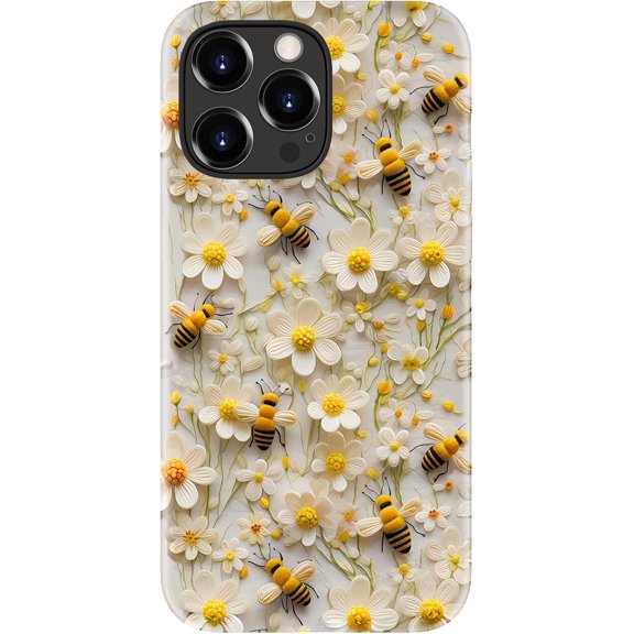 for iPhone 14 Pro Max Case - Wireless Charging Compatible - Dual-Layer Hard Shell + Silicone Cover - Shockproof Protective Phone Case with Stylish Designs for Women - Bees and Daisies