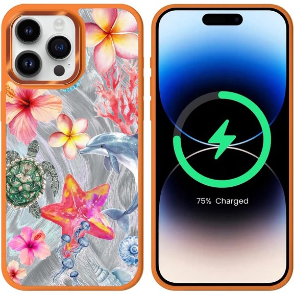 for iPhone 14 Pro Max Case for Women Girls, Compatible with MagSafe, Shiny Glitter Design Soft TPU Shockproof Protective Case for iPhone 14 Pro Max - Sea Turtle Marine Life Hibiscus