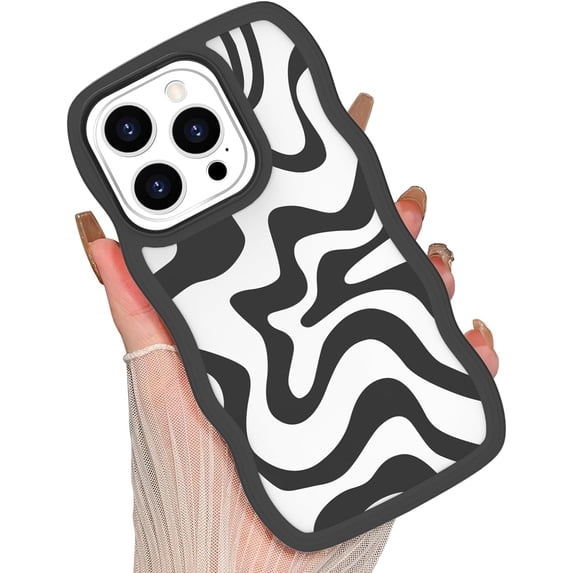 for iPhone 14 Pro Max Case for Women Girls, Cute Curly Wave Frame Shape Design, Solid Color Lines Water Pattern for Women, Shock-Absorbing and Fall-Resistant for iPhone 14 Pro Max 6.7"-Black