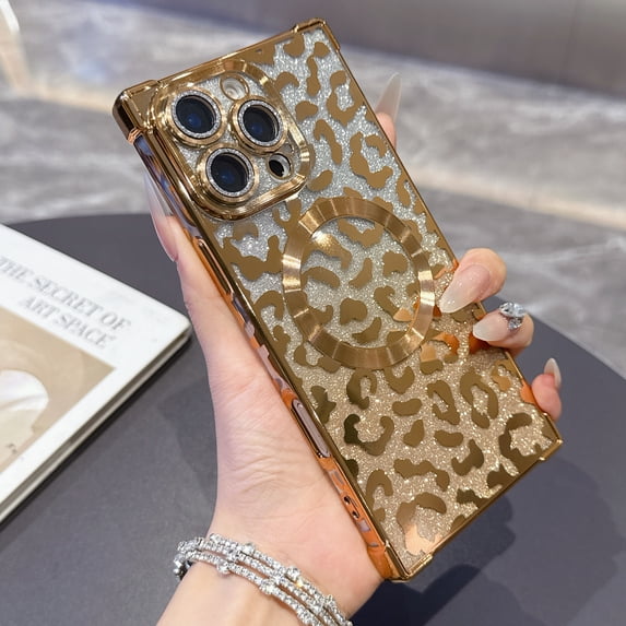 for iPhone 14 Pro Max Case for Women, Leopard Print Magnetic Back with Gradient Glitter, TPU Electroplated Shockproof Cover, with Lens Protector, Lightweight Anti-Scratch Phone Case, Gold