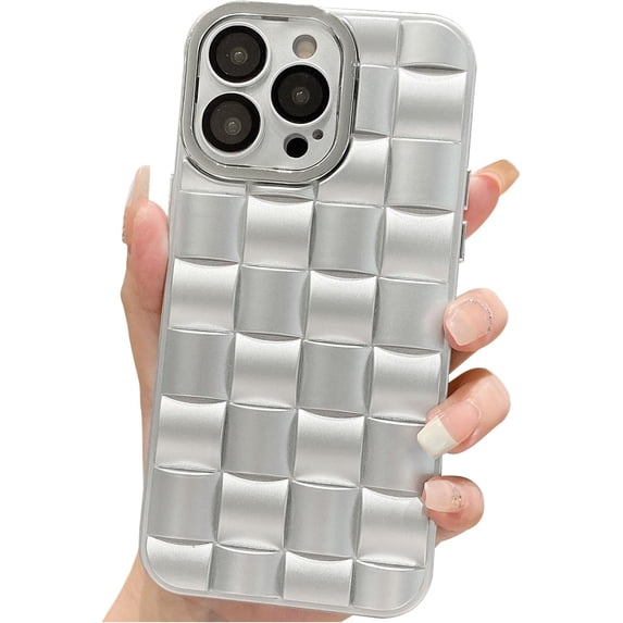 for iPhone 14 Pro Max Case for Women Men, Fashion 3D Woven Pattern Bump Feel, with Full Camera Protection Back Cover, Grid Phone Case for iPhone 14 Pro Max (6.7") - Silver