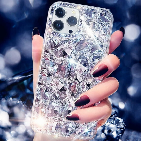 for iPhone 14 Pro Max Case for Women,Shiny Luxury Bling Phone Case with 3D Glitter Sparkle Crystal Rhinestone Diamond Gems on Hard Reflective PC Back,Soft TPU Bumper Cover Girly Girl(Silver)