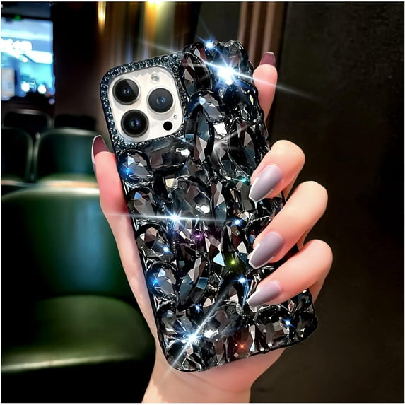 for iPhone 14 Pro Max Case for Women,Shiny Luxury Bling Phone Case with 3D Glitter Sparkle Crystal Rhinestone Diamond Gems on Hard Reflective PC Back,Soft TPU Bumper Cover Girly Girl(Black)